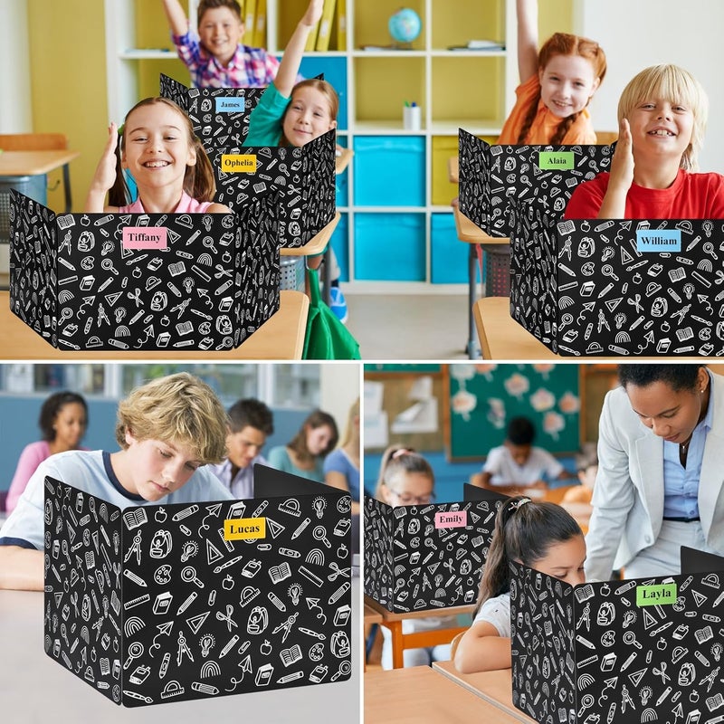 Bcabo 24 Pack Black Printing Privacy Floders for Student Desks - Durable Plastic Erasable - Testing Dividers for Classroom - Easy Clean Privacy Shields for Student - Includes Extra Labels - Image 3